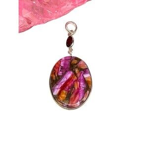 Kingman Pink Dahlia Turquoise Garnet Necklace Pendant Solid 925 Sterling Silver
